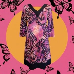 Vintage Suzie Pink & Black Butterfly Print 3/4 Sleeve Mini Dress Size S